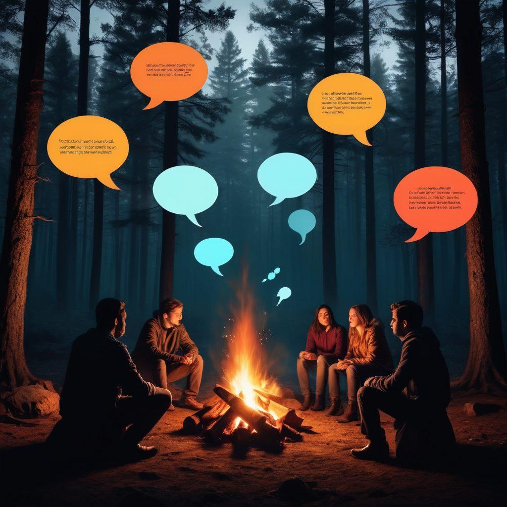 A captivating scene depicting a shadowy figure telling urban legends around a campfire, with ghostly whispers swirling in the dark forest. In the foreground, a group of curious listeners holds skeptical expressions, surrounded by floating speech bubbles containing absurd spurious claims. The atmosphere is mysterious yet engaging, with subtle hints of skepticism in the body language of the listeners. Elements of contrasting light and dark enhance the sense of intrigue. dark and moody. 3D. vibrant colors.