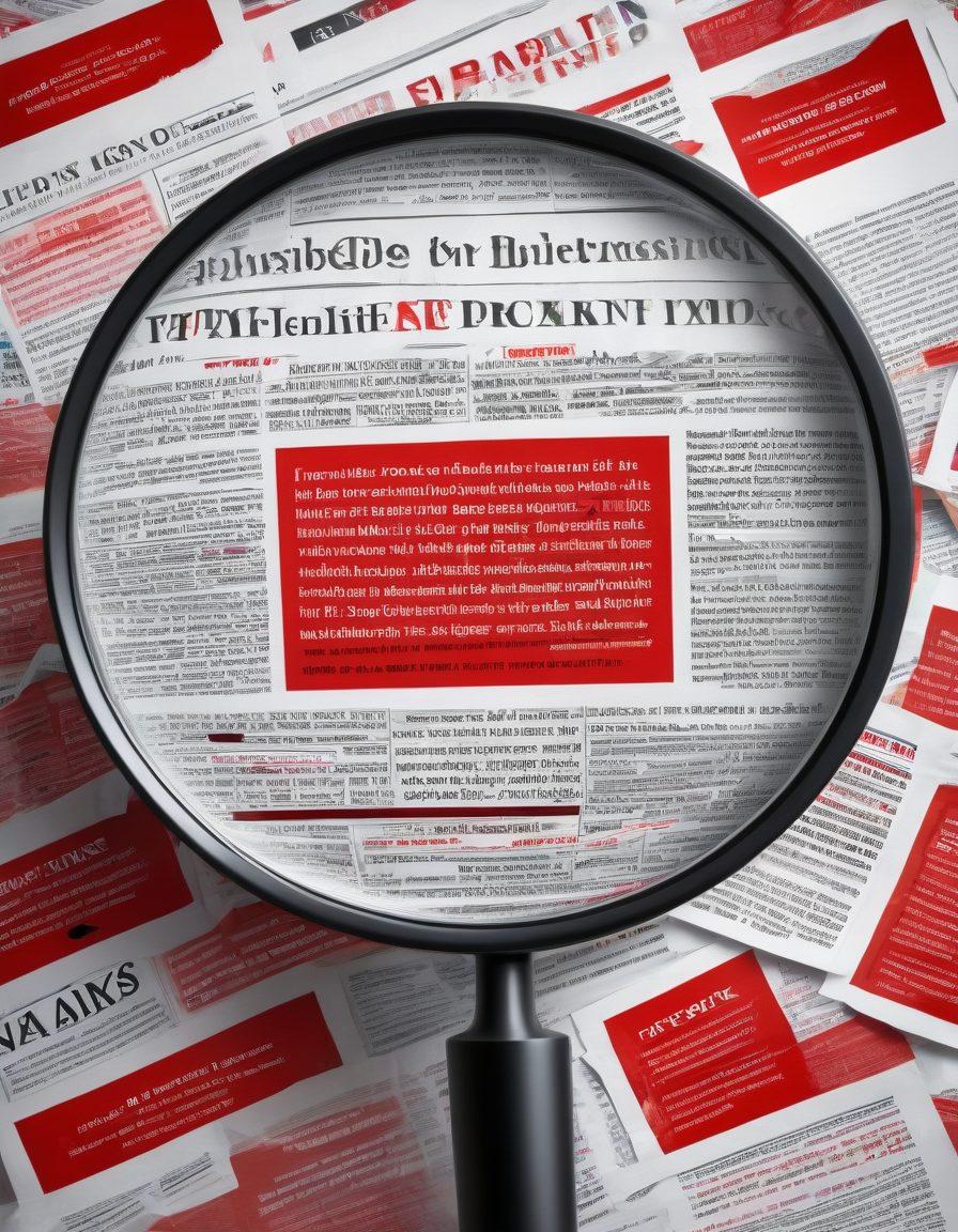 An eye-catching illustration of a magnifying glass hovering over a digital screen filled with various misleading headlines and fake news articles. The background features shadows of deceptive figures, symbolizing fraud; vibrant red flags wave in the corners while alert symbols pop up around the magnifying glass. The overall scene conveys a sense of urgency to beware of deception and misinformation. super-realistic. vibrant colors. white background.