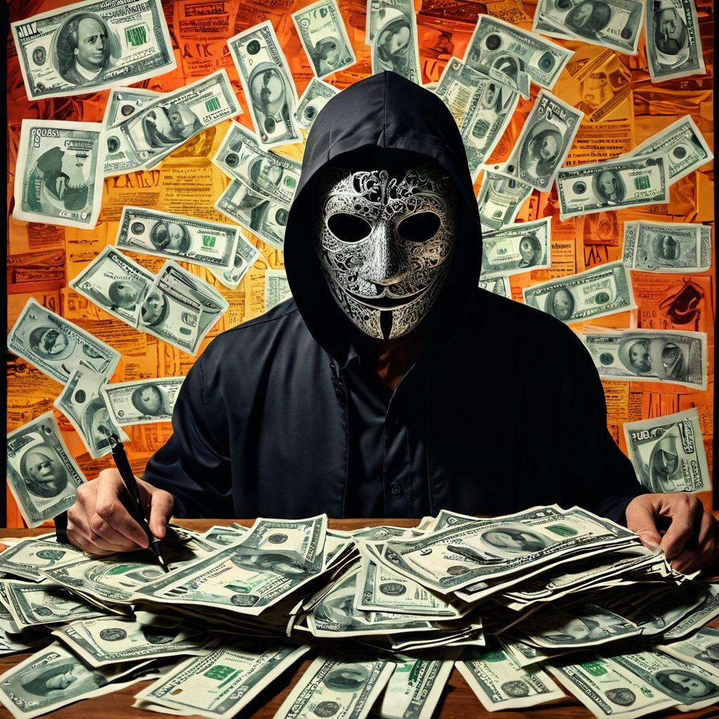 A shadowy figure wearing an intricate mask, revealing a collection of scam-related items like fake money, deceptive contracts, and a magnifying glass, symbolizing the search for truth. In the background, a collage of headlines related to hoaxes and scams creates an engaging, mysterious atmosphere. Warm, contrasting colors to evoke intrigue. super-realistic. vibrant colors.